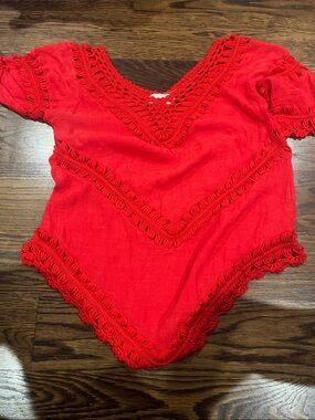 Dreamers Bright Red Crochet-Trim Kids One-Piece